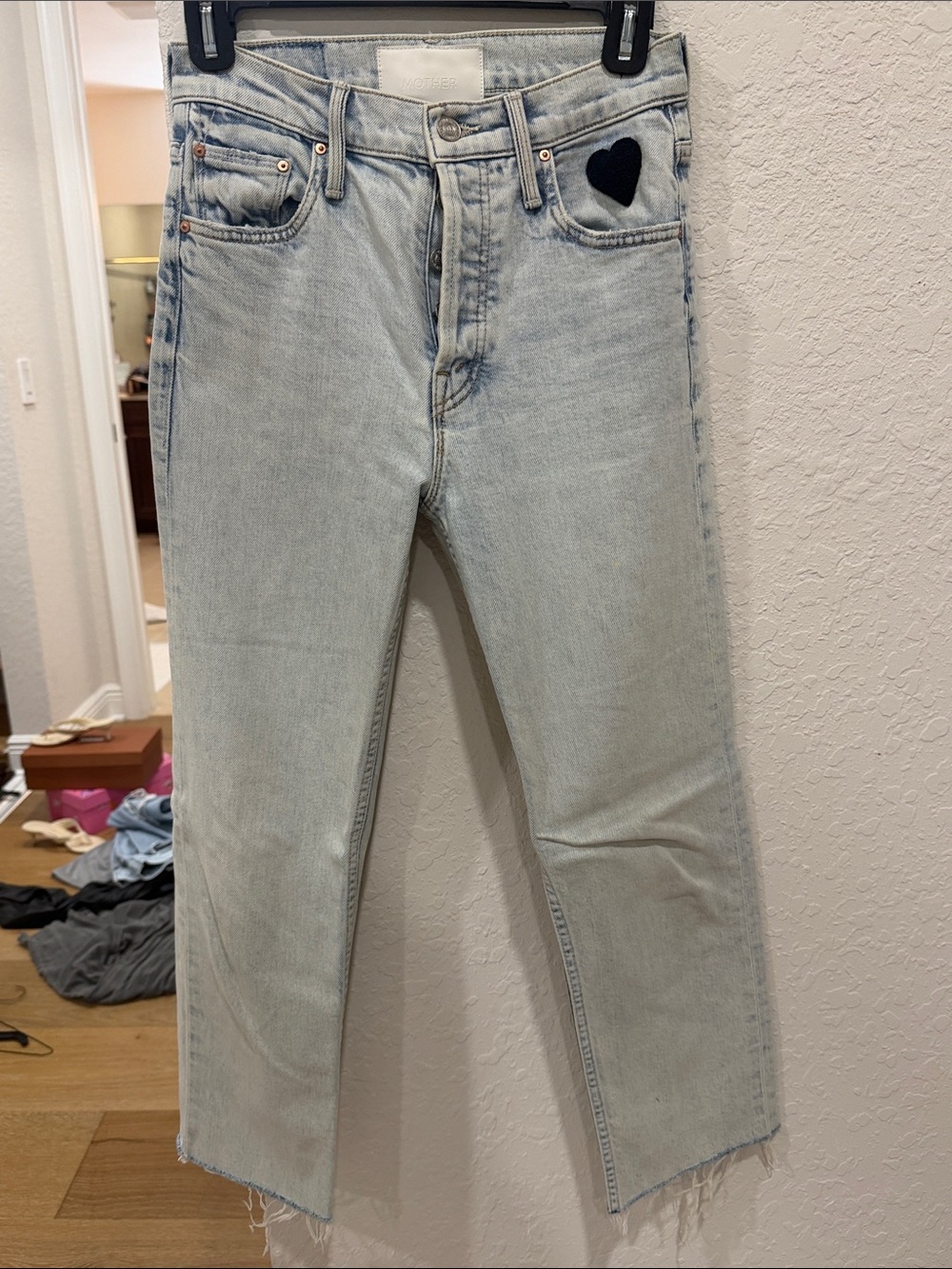 MOTHER Light Wash Straight Jeans with Black Heart Patch